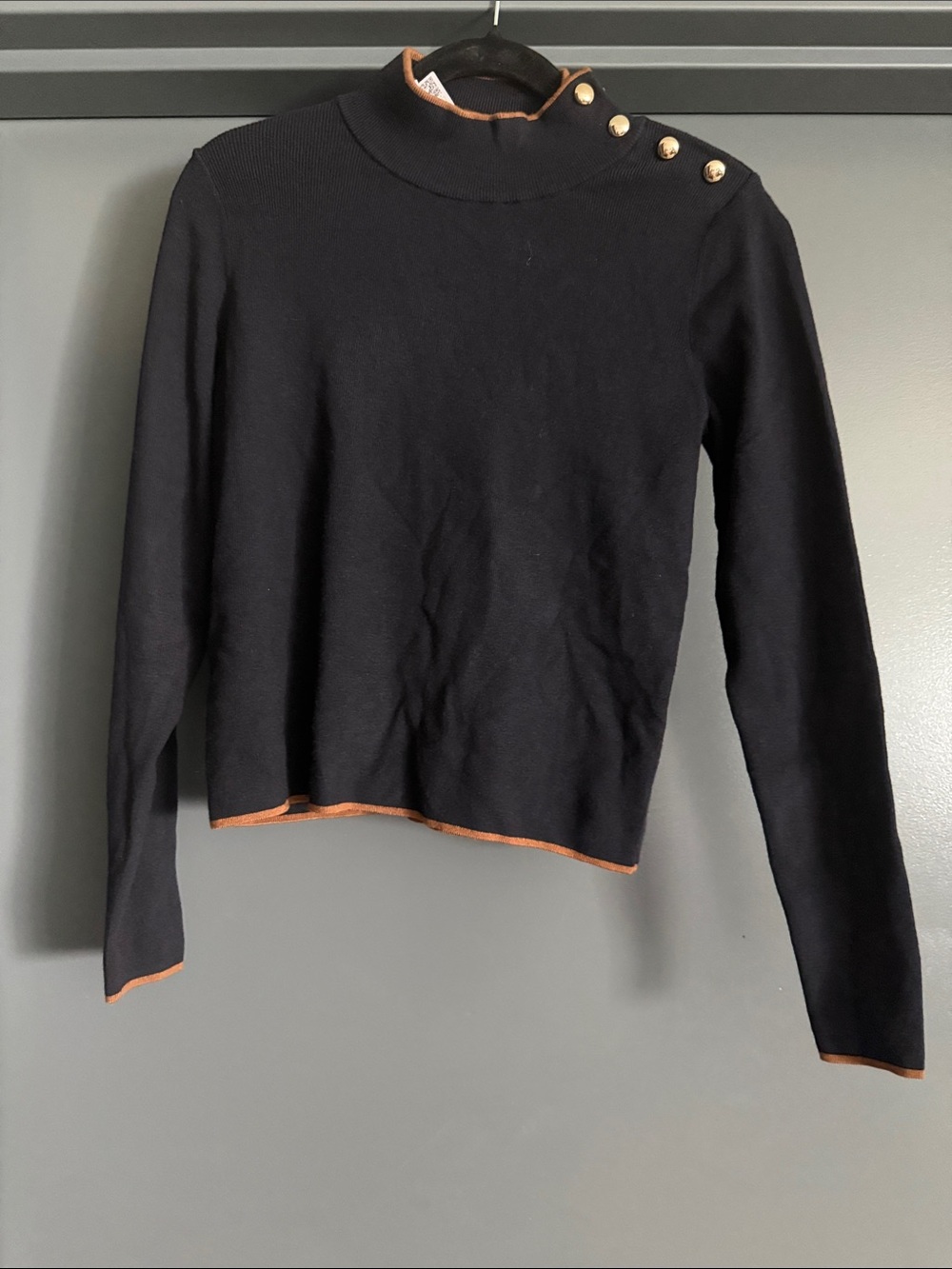 Mango Blue Knit Sweater with Brown Trim and Gold Buttons